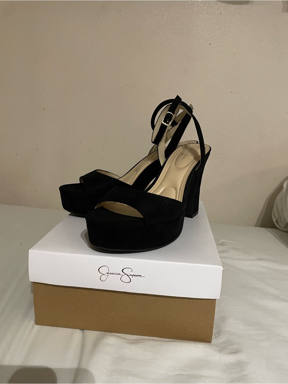 Jessica Simpson Black Suede Platform Heel Sandals with Ankle Strap